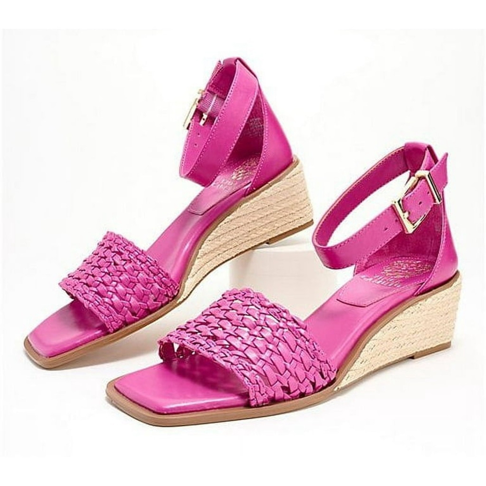 Vince Camuto ORCHID FUSHIA Leather Net Ankle Strap Low Espadrille Wedge 9 Wide - Picture 2 of 8